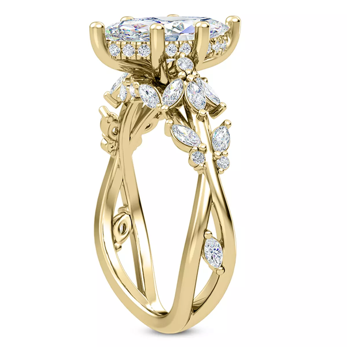 Butterfly And Bee Vine Twist Lab Engagement Ring - 14K Yellow Gold