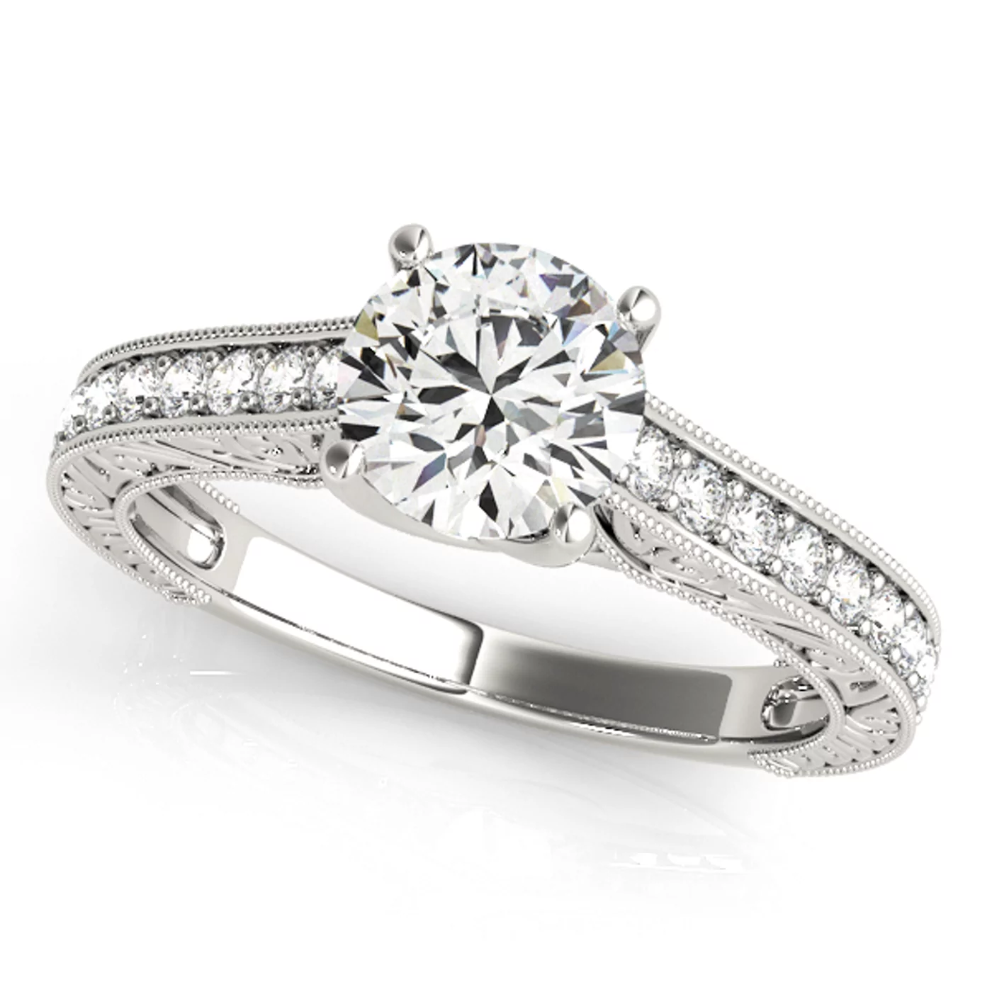 Vintage-Inspired Detail 18K White Gold Engagement Ring