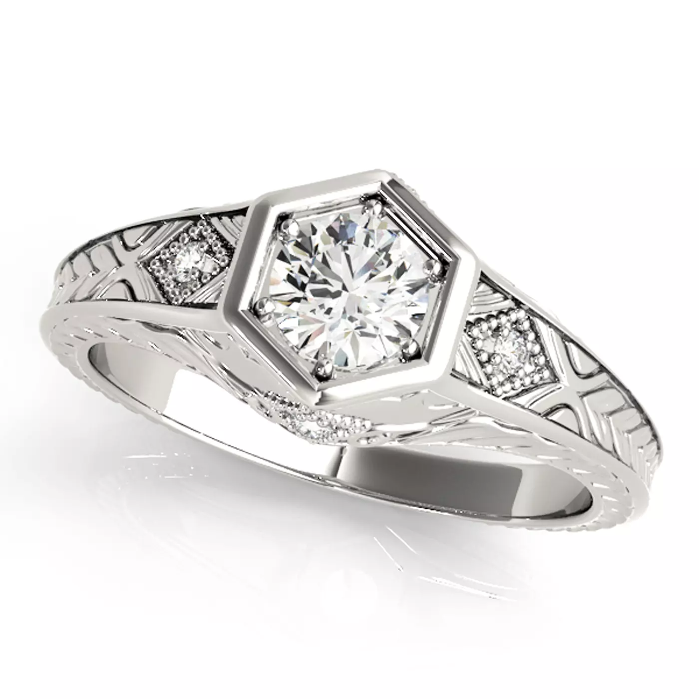 Vintage-Inspired Detail 14K White Gold Engagement Ring