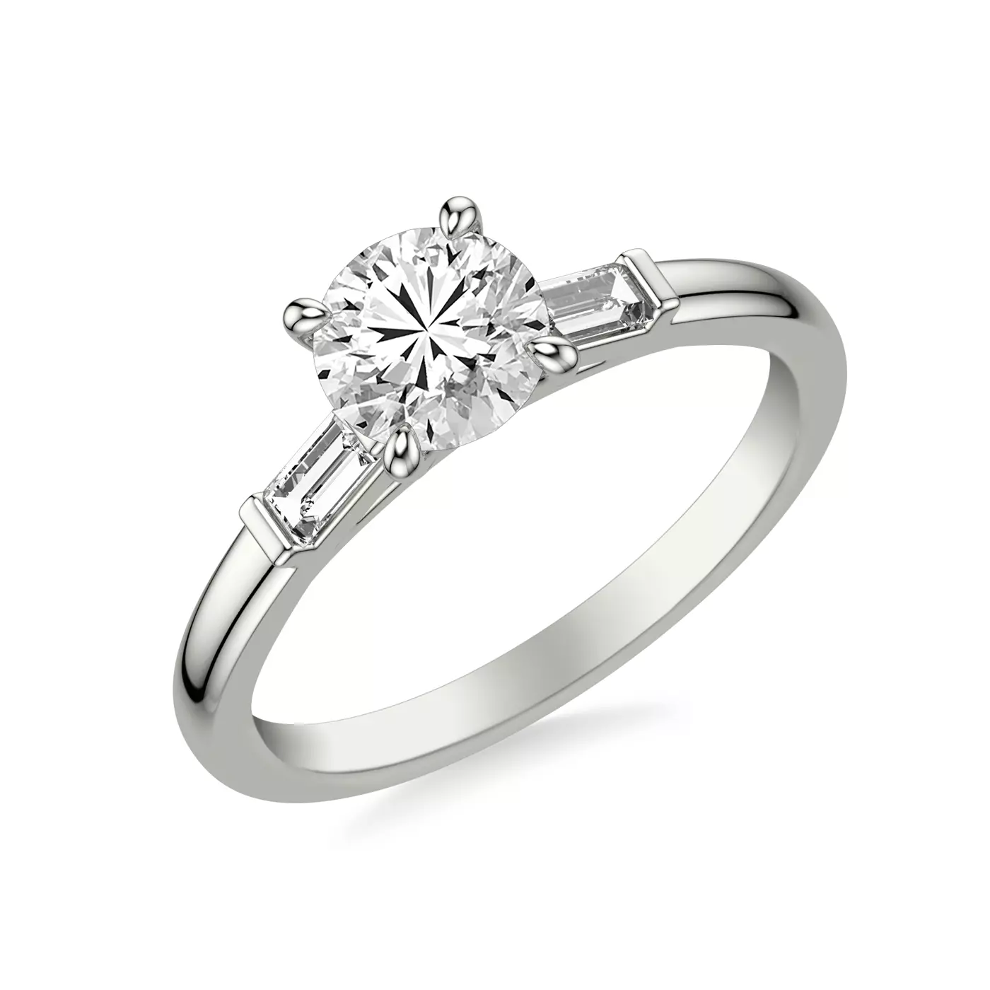 Baguette Sides 18K White Gold Engagement Ring