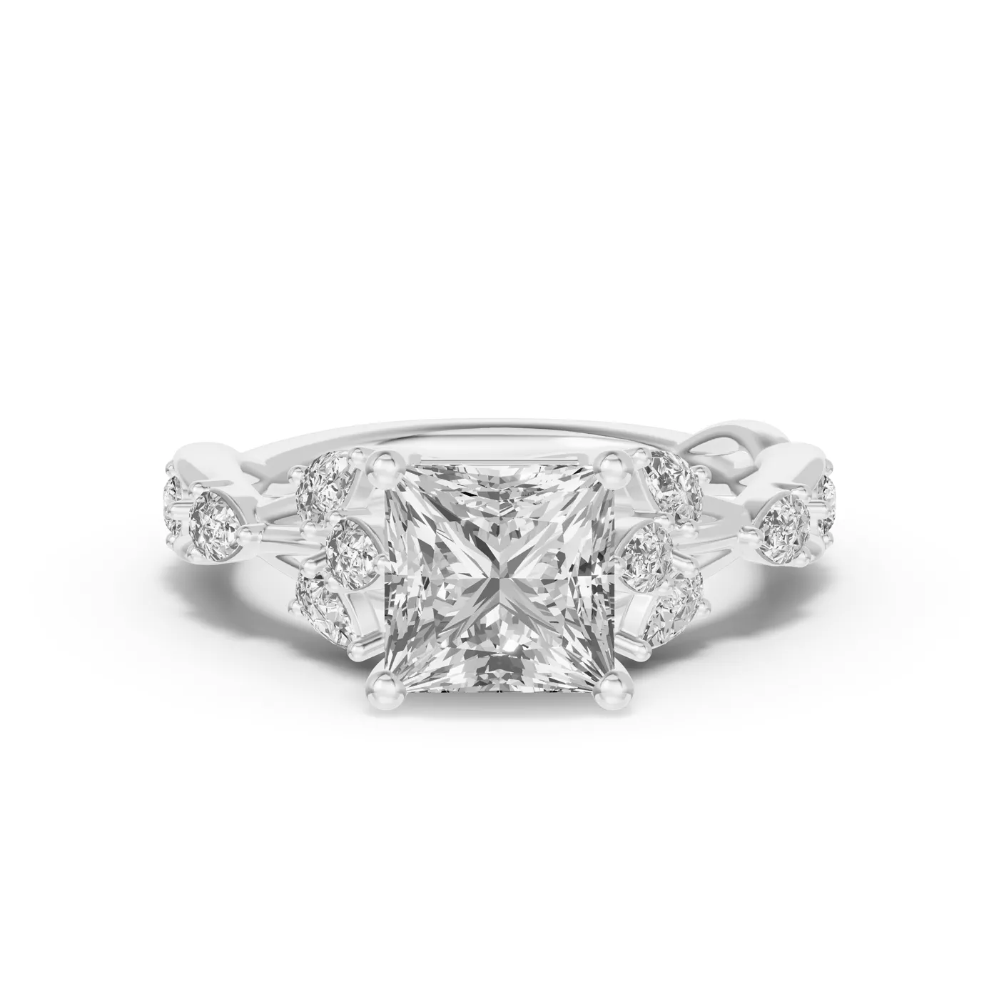 Leaflike Pear Accents 14K White Gold Engagement Ring