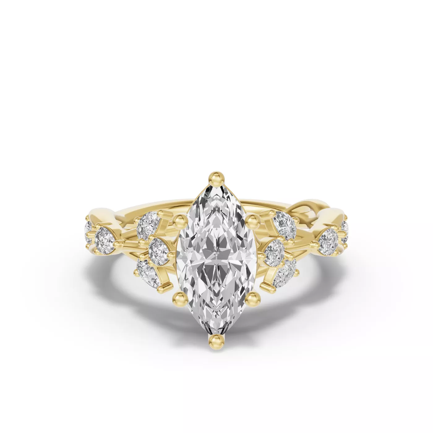Leaflike Pear Accents 14K Yellow Gold Engagement Ring