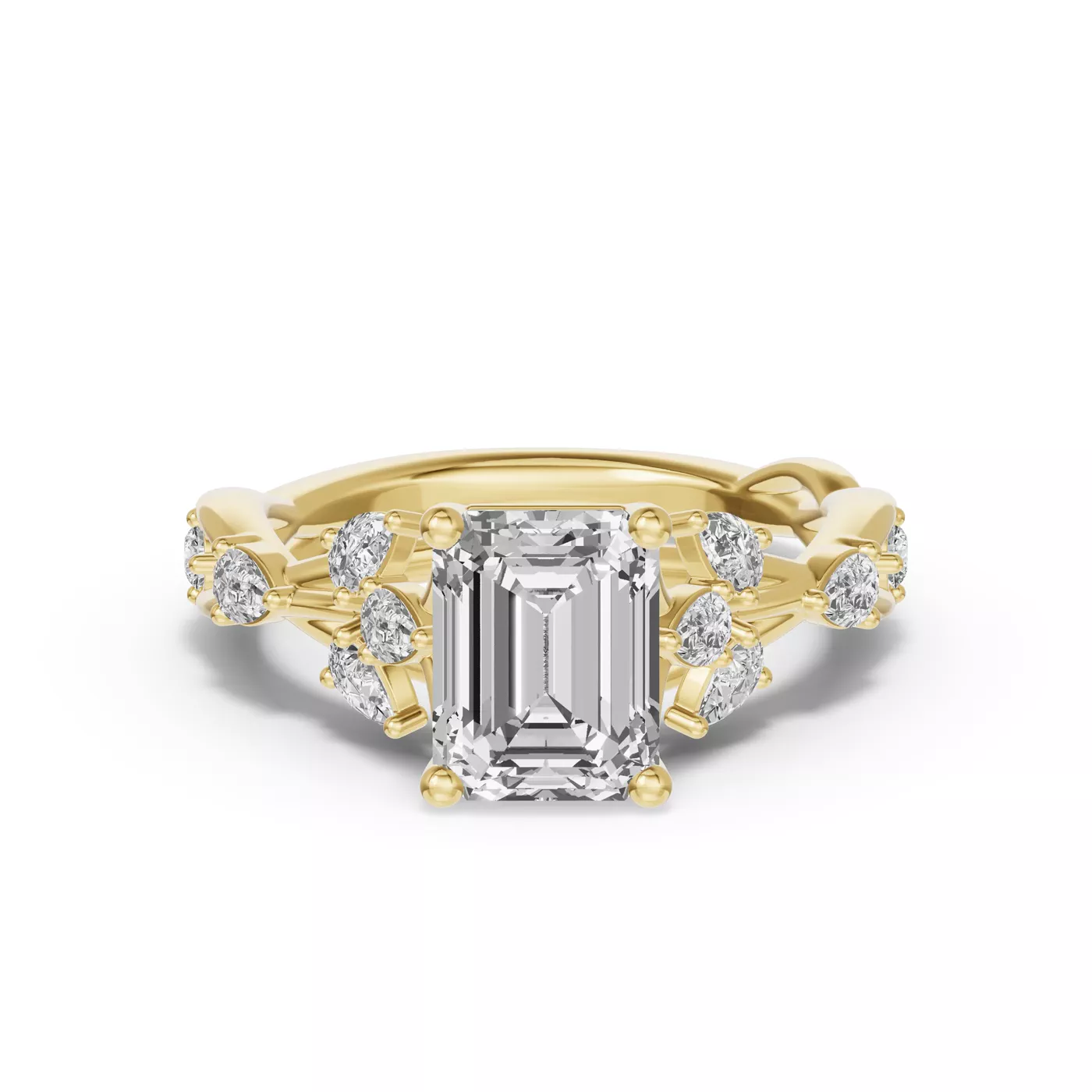 Leaflike Pear Accents 14K Yellow Gold Engagement Ring