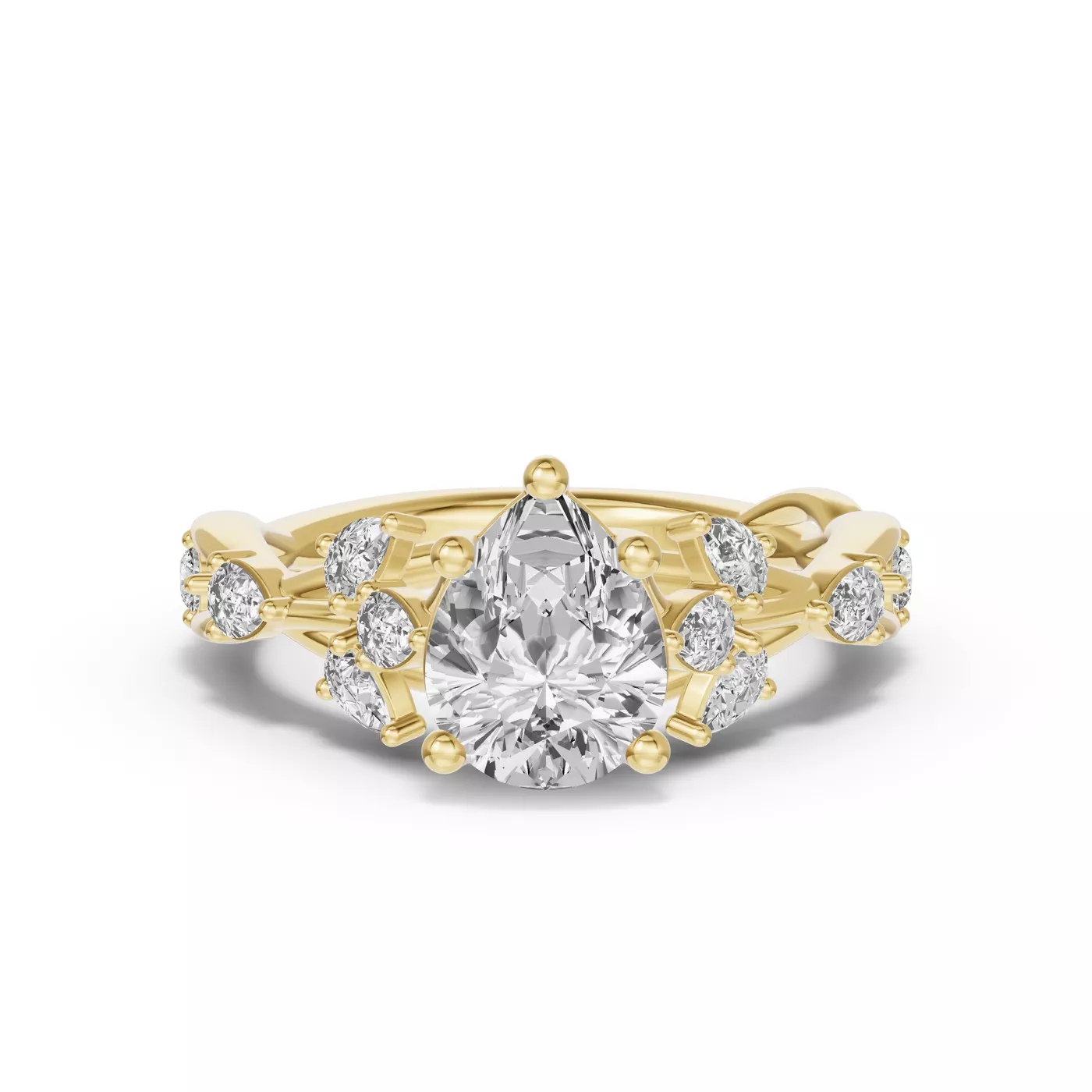 Leaflike Pear Accents 14K Yellow Gold Engagement Ring