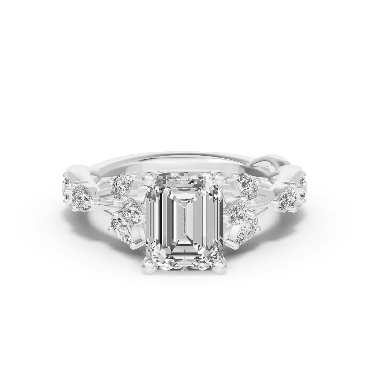 Leaflike Pear Accents 18K White Gold Engagement Ring