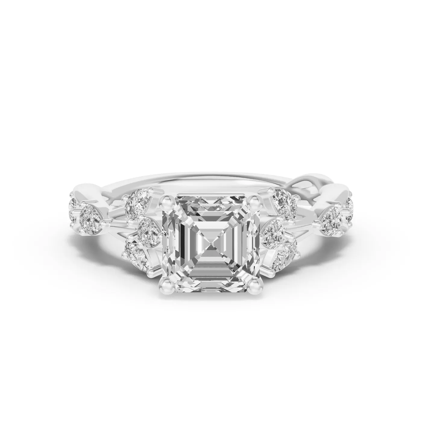 Leaflike Pear Accents 18K White Gold Engagement Ring