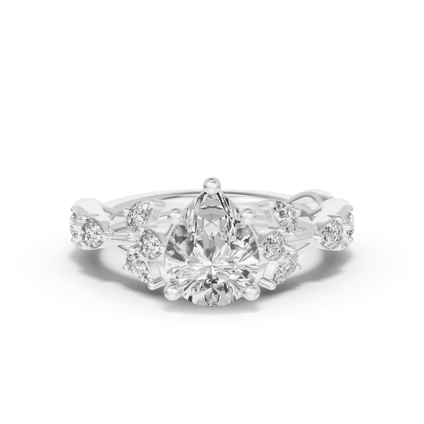 Leaflike Pear Accents Platinum Engagement Ring