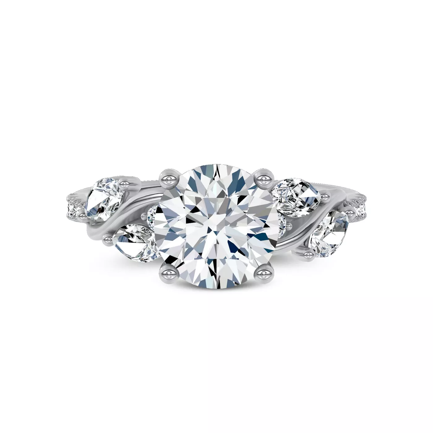 Curved Vine Shoulders 18K White Gold Engagement Ring