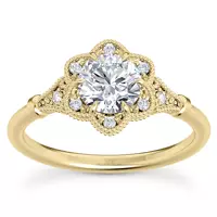 Solaris Floral Beaded Halo Engagement Ring - 14K Yellow Gold