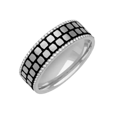 Brushed Geometric With Black Patina And Polished Beaded Edge Band (7mm)