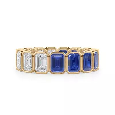 Dual Harmony Emerald-Cut Sapphire and Lab Diamond Bezel Eternity Ring