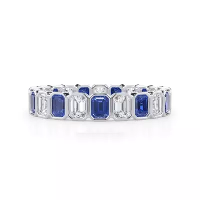 Sapphire and Diamond Emerald-Cut Bezel Eternity Band
