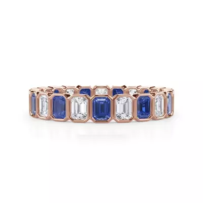 Sapphire and Diamond Emerald-Cut Bezel Eternity Band