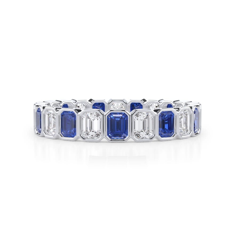 Sapphire and Diamond Emerald-Cut Bezel Eternity Band