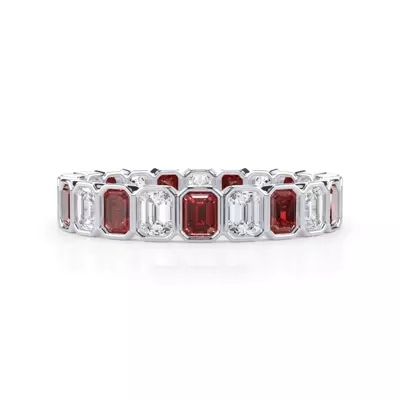 Ruby and Diamond Emerald-Cut Bezel Eternity Band