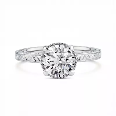 Petal Engraved Milgrain Halo Engagement Ring