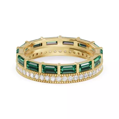 Emerald Baguette & Diamond Double Row Eternity Band