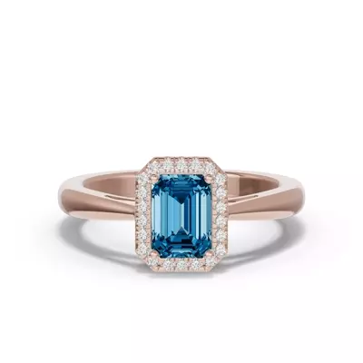 Emerald Blue Topaz Lab Diamond Halo Ring