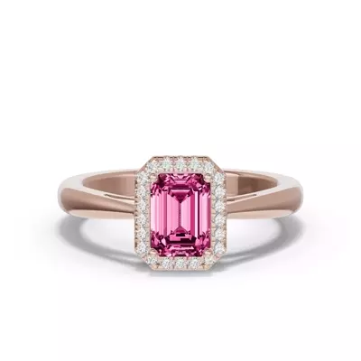 Emerald Pink Tourmaline Lab Diamond Halo Ring