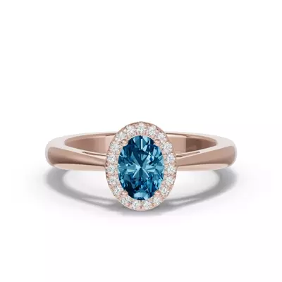 Oval Blue Topaz Lab Diamond Halo Ring