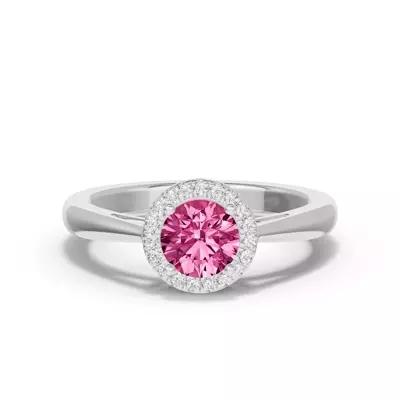 Round Pink Tourmaline Lab Diamond Halo Ring