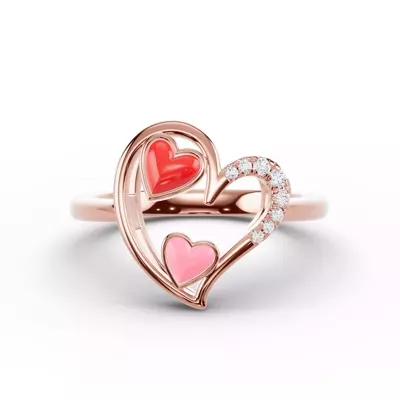 Duet Pavé Heart Ring – Red & Pink