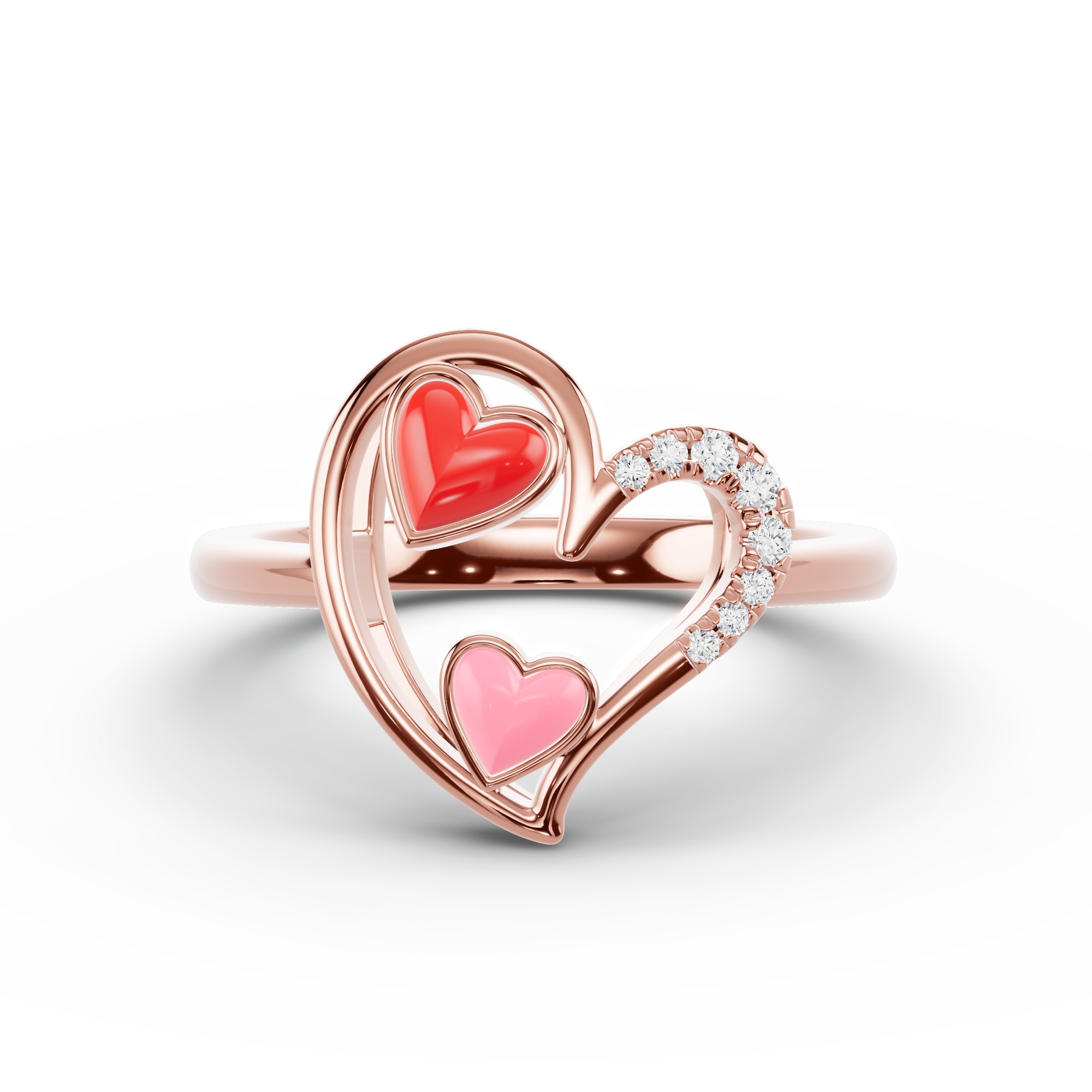 Duet Pavé Heart Ring – Red & Pink