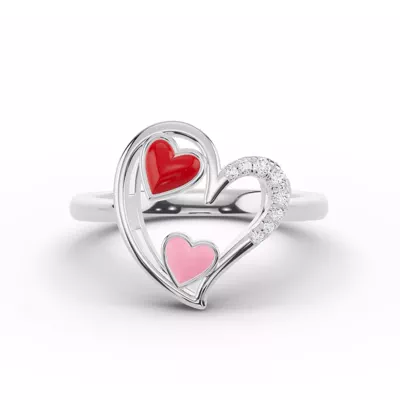 Duet Pavé Heart Silver Ring – Red & Pink