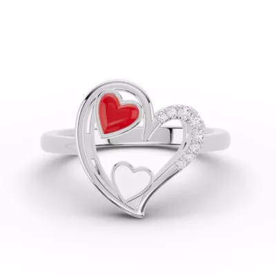 Duet Lab Pavé Heart Silver Ring – Red & White