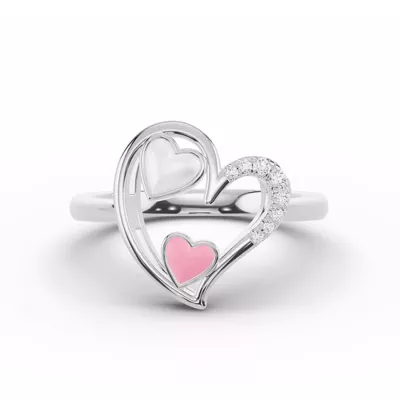 Duet Pavé Heart Silver Ring – White & Pink