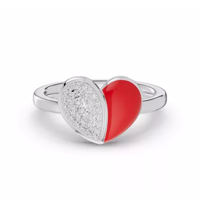 Amara Red Ceramic Lab Pavé Heart Silver Ring