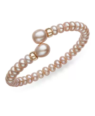 Pink Freshwater Button Pearl Stretch Bracelet with Gold Beads (6–7 mm)