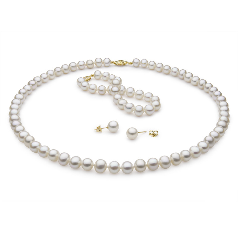Freshwater Pearl Necklace, Bracelet & Earrings Set (8–9mm)