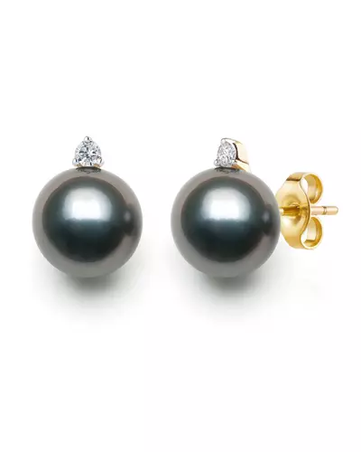 Tahitian Black Pearl & Lab Diamond Stud Earrings (11-12mm)