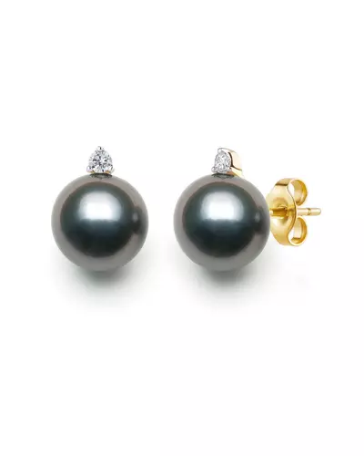 Tahitian Black Pearl & Lab Diamond Stud Earrings (8-9mm)