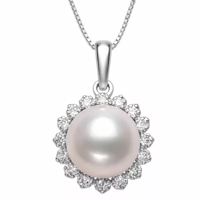 Freshwater Pearl Diamond Halo Necklace (7-8mm)