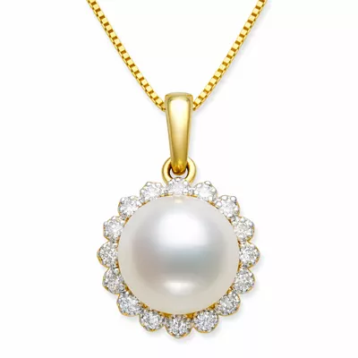 Freshwater Pearl Diamond Halo Necklace (7-8mm)