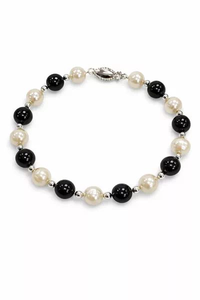 Freshwater Pearl & Black Onyx Silver Bracelet (7–8 mm)