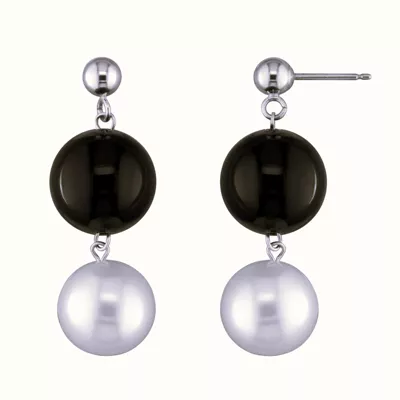 Freshwater Pearl & Black Onyx Silver Drop Earrings (7–8 mm)