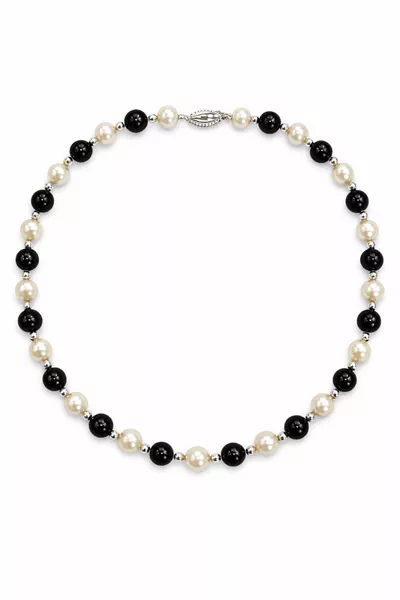 Freshwater Pearl & Black Onyx Silver Necklace (7–8 mm)
