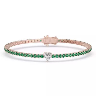 Lunava Green Emerald & Heart Lab Diamond Tennis Bracelet