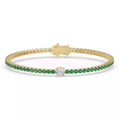 Lunava Green Emerald & Round Lab Diamond Tennis Bracelet