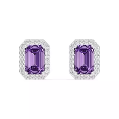 Halo Emerald-Cut Amethyst Silver Earrings