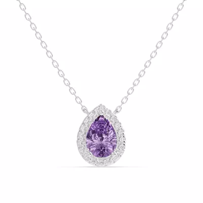 Pear Amethyst Lab Diamond Halo Pendant