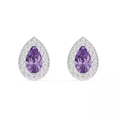 Pear Amethyst Lab Diamond Halo Earrings