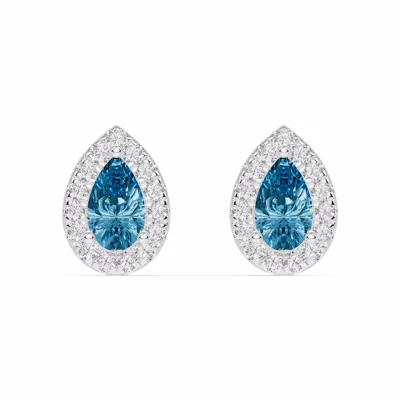 Pear Blue Topaz Lab Diamond Halo Earrings