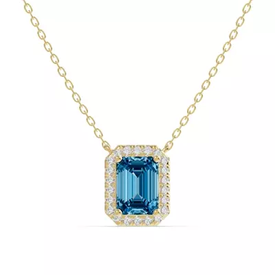 Emerald Blue Topaz Lab Diamond Halo Pendant