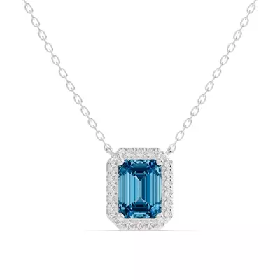 Emerald Blue Topaz Lab Diamond Halo Pendant