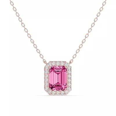 Emerald Pink Tourmaline Lab Diamond Halo Pendant