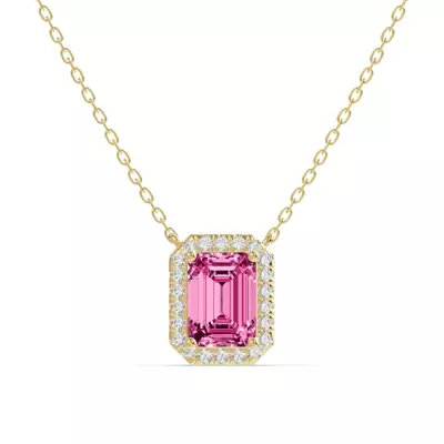 Emerald Pink Tourmaline Lab Diamond Halo Pendant